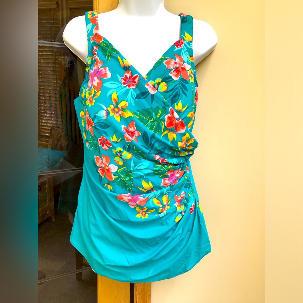Lands' End Teal Floral One Piece Swimsuit